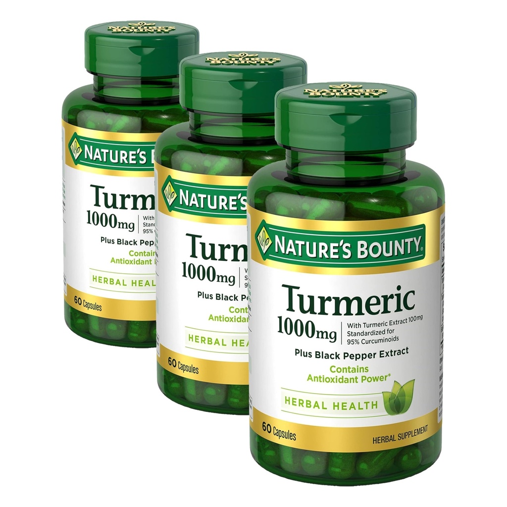 Nature's Bounty Turmeric avec extrait de poivre noir, soutient la santé antioxydante, 1000mg,60 Capsules, (paquet de 3)