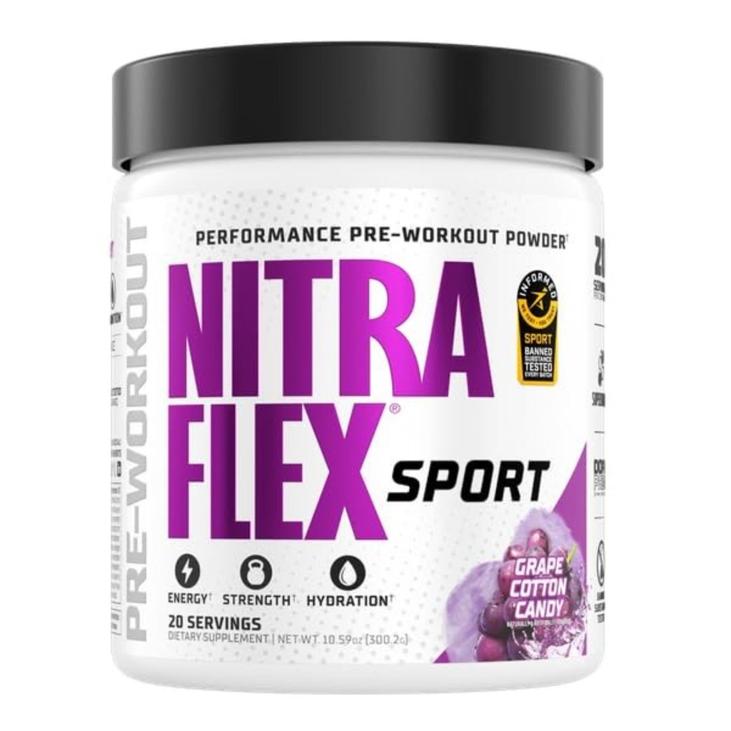 Nitraflex Sport Grape Cotton Candy Pre-Workout Powder, Banned Substance Tested, Citrulline, Betaine, Electrolytes, Hydration, Boron, for Men & Women, 20 Servings