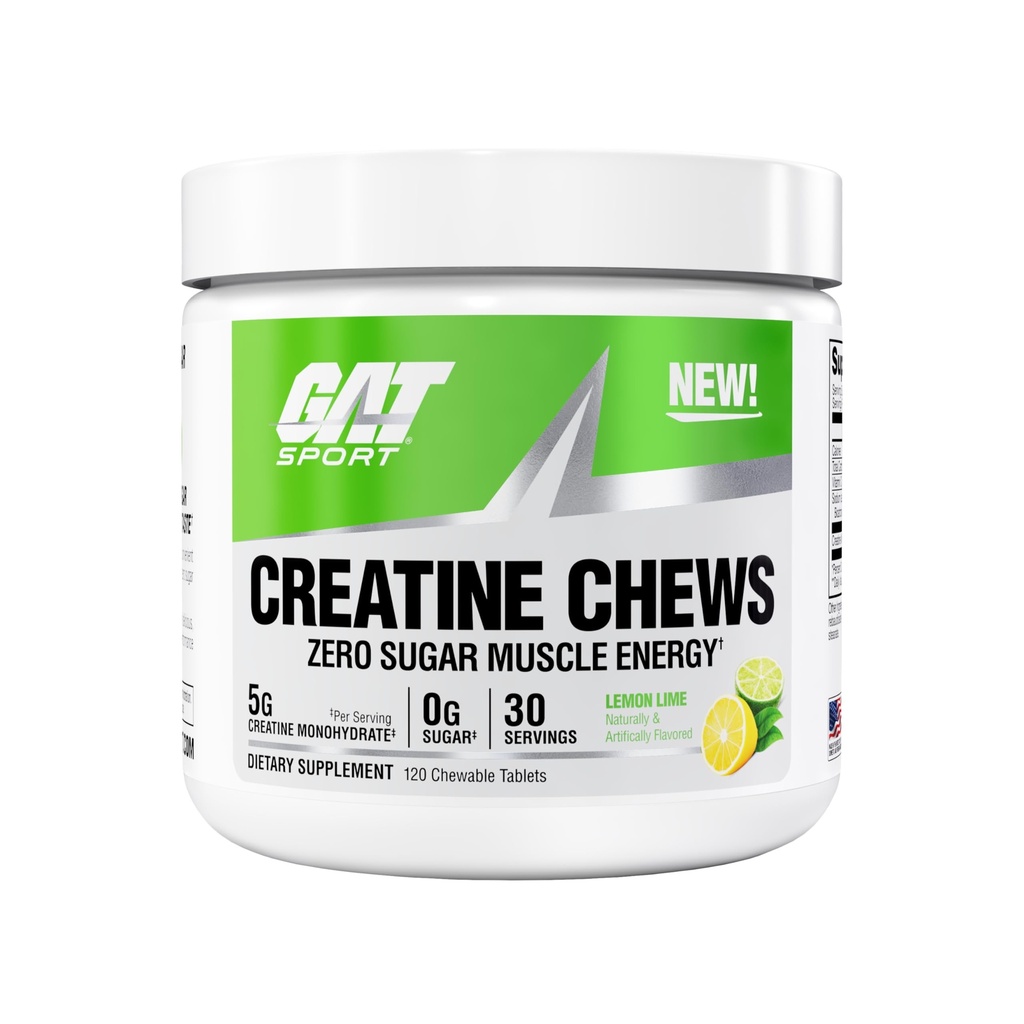 GAT SPORT Creatine Chews, Zéro Sucre, 5g Monohydrate de créatine pure, 3ème partie testée, Santé du cerveau, Muscle, Force, Soutien anti-oxydant, pour les hommes et les femmes, 30 portions (Lémon Lime)