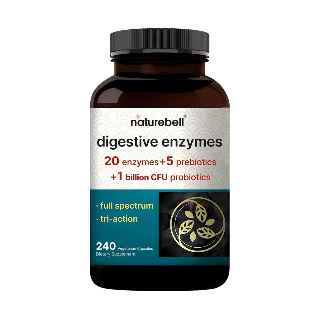 NatureBell Enzymes digestifs - 240 Capsules - Supplément Gut & Digestion santé* - avec 20 Enzymes, 5 Prébiotiques et 10-Strand Probiotic Blend
