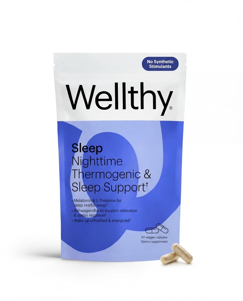 Thermogénique de nuit Wellthy - Vitamine B6, Ashwagandha & Melatonine - Thermogénique de nuit pour les femmes - Thermogénique Belly - Suppléments naturels de perte de poids pour les femmes, 60ct