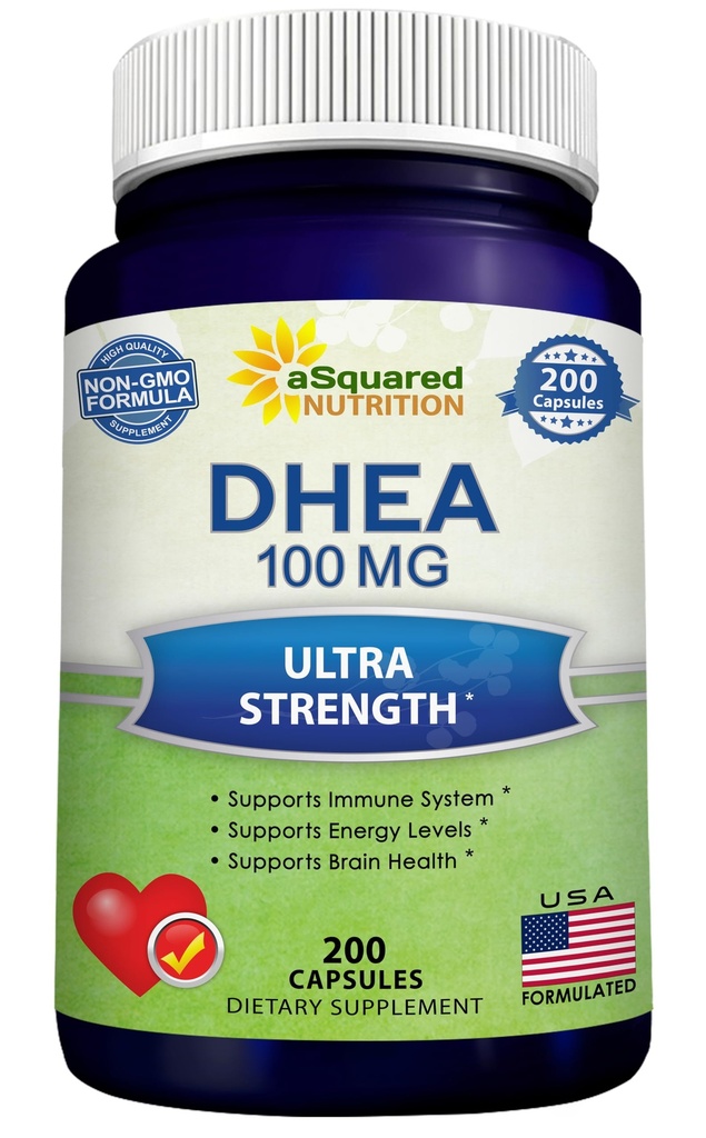 Supplément DHEA 100mg – 200 capsules – Déhydroépiandrostérone haute puissance pour les hommes et les femmes – pilules Max Strength pour la santé cérébrale, l'énergie et la fonction immunitaire – Formulé aux États-Unis, troisième partie testé