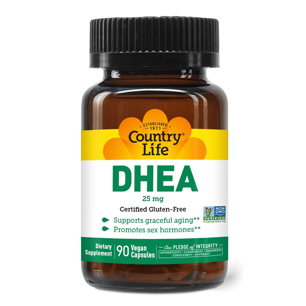 Country Life DHEA 25mg, 90 Vegan Capsules, Certified Gluten Free, Certified Vegan, Non-GMO Verified,