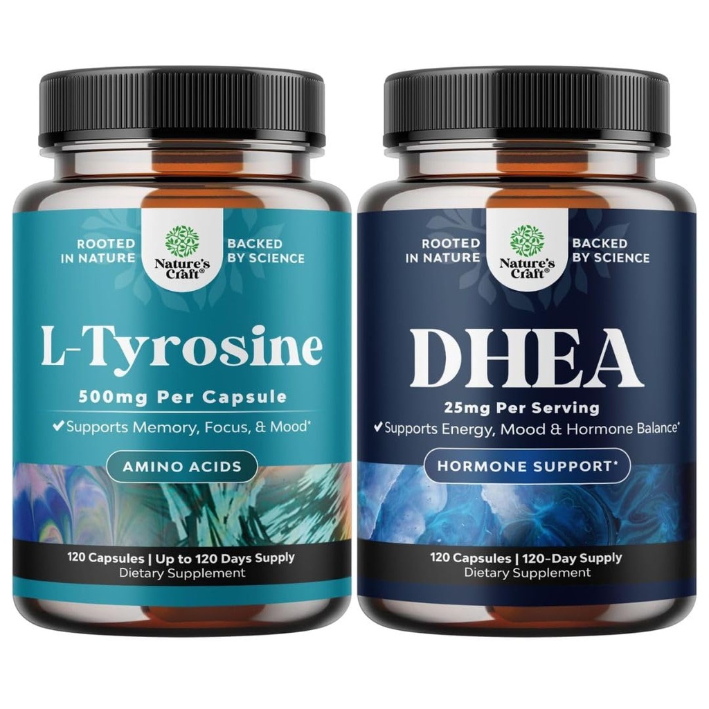 Ensemble de capsules de forme libre L Tyrosine 500mg - Supplément L-tyrosine haute résistance pour l'énergie mentale et supplément DHEA - pur DHEA 25mg pour l'équilibre hormonal améliore la stabilité de l'humeur système immunitaire