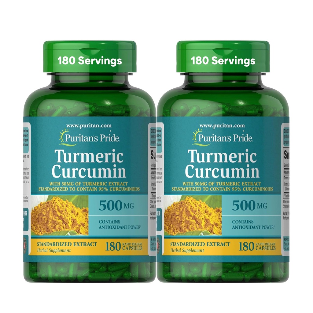 Puritan's Pride curcumin curcumin 500mg, stable à 95 % de Cucuminoïdes, supplément alimentaire à base de plantes pour la santé antioxydante, 180 Capsules de libération de radicaux, pack de 2