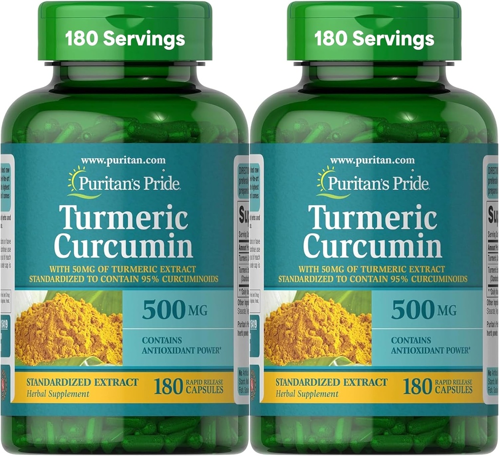 Puritan's Pride curcumin curcumin 500mg, stable à 95 % de Cucuminoïdes, supplément alimentaire à base de plantes pour la santé antioxydante, 180 Capsules de libération de radicaux, pack de 2