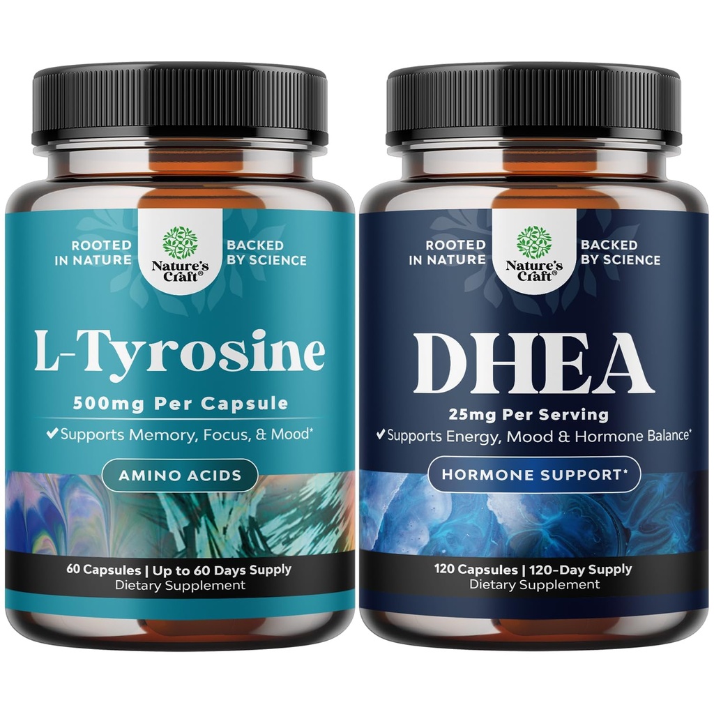 Ensemble de capsules de forme libre L Tyrosine 500mg pour l'énergie mentale et le soutien de la focale - Amino Acid Nootropic et supplément DHEA - pur DHEA 25mg pour l'équilibre hormonal améliore la stabilité de l'humeur système immunitaire
