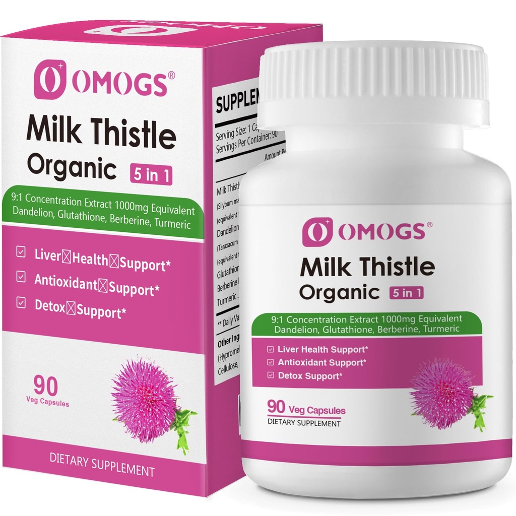 OMOGS Thistle de lait biologique, supplément de thistle de soutien du foie à base de plantes, avec racine de dandelion, glutathion, Berberine HCL & Curmeric, support foie nettoyer la désintoxication et la réparation, 90 capsules