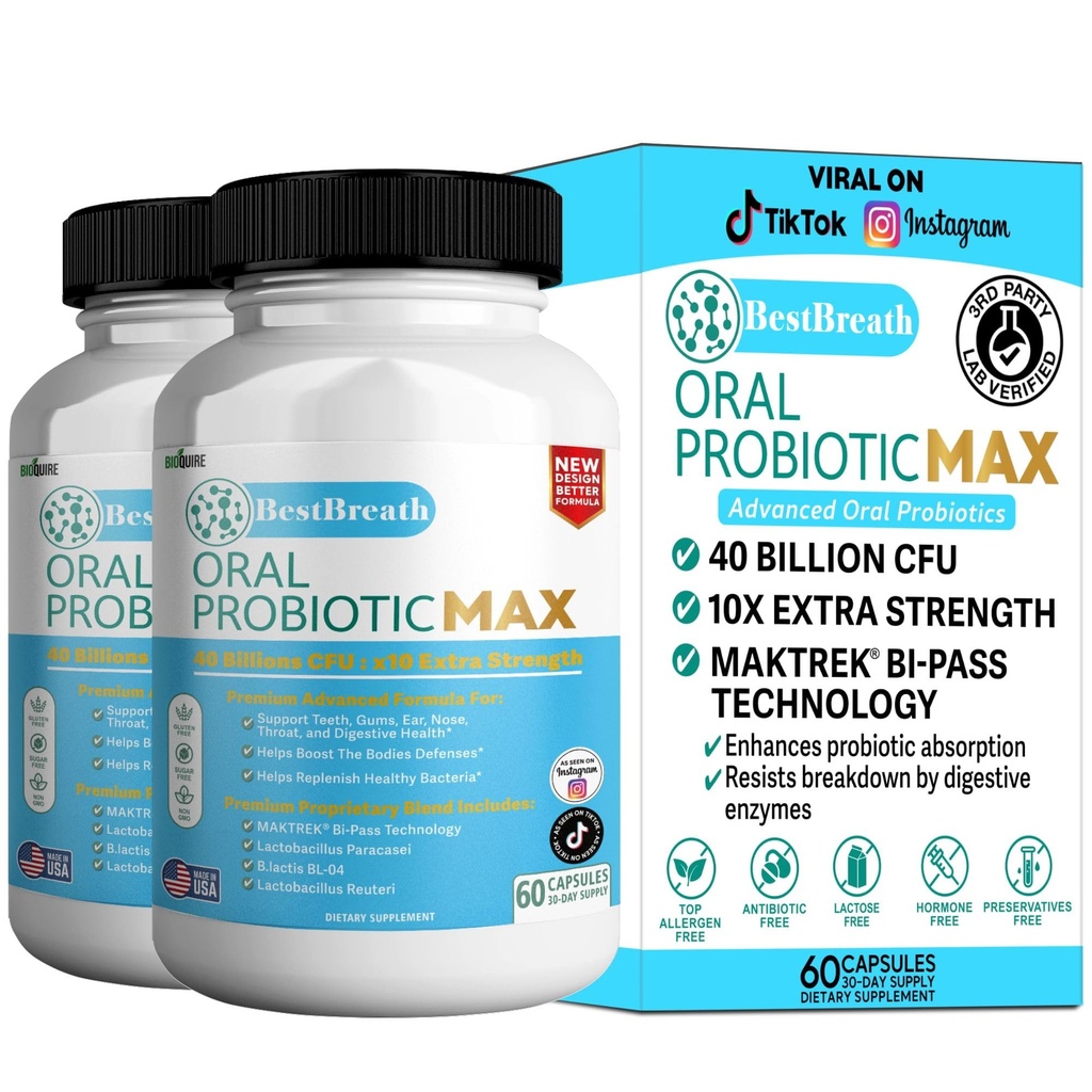 BestBreath Oral Probiotic MAX - 40 milliards CFU - Soutien pour les dents, les gencives, l'oreille, le nez, la gorge et la santé digestive - 60 capsules (2)