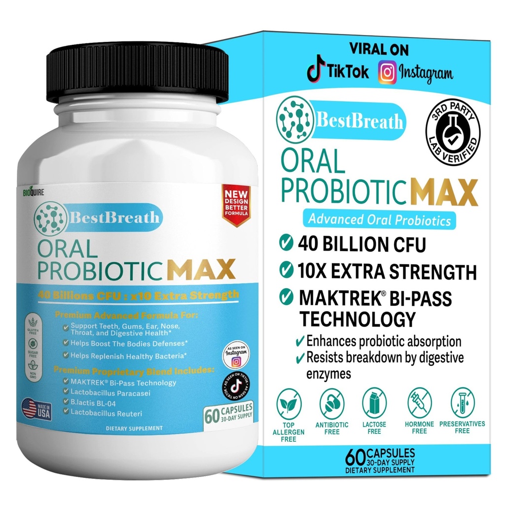 BestBreath Oral Probiotic MAX - 40 milliards CFU - Soutien pour les dents, les gencives, l'oreille, le nez, la gorge et la santé digestive - 60 capsules (1)