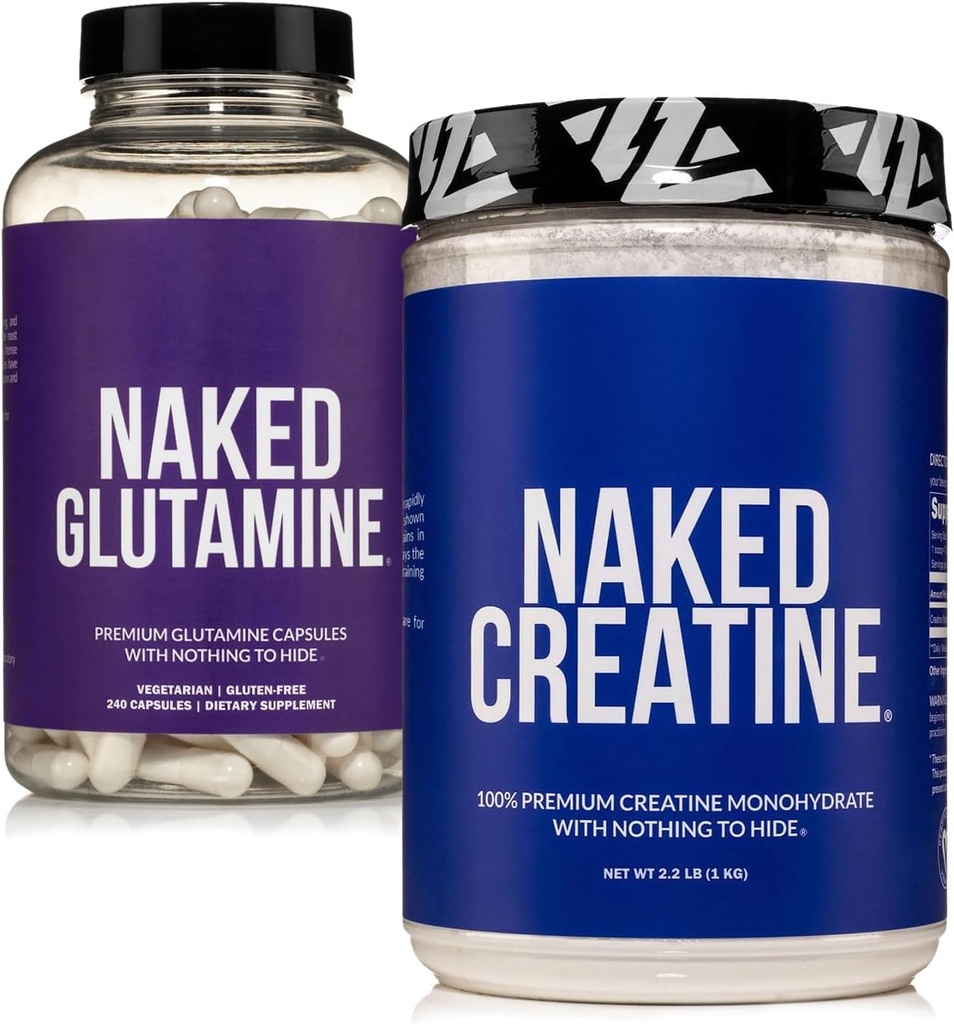 NAKED Pure Micronized Creatine Monohydrate 200 portions + Pure L-Glutamine 240 capsules Bundle: Vegan, Non-GMO, Sans gluten. Minimiser la ventilation musculaire et améliorer la synthèse protéique. Rien d'artificiel