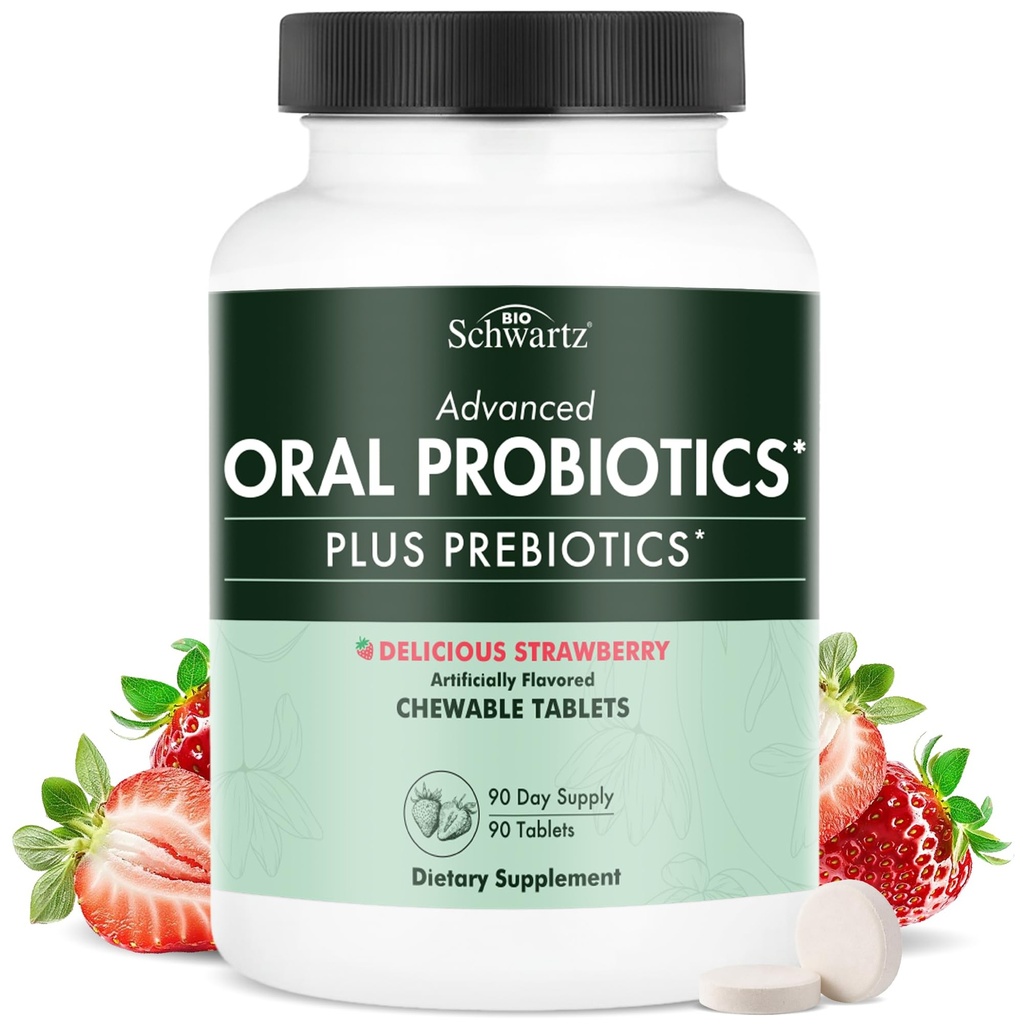 Supplément de probiotiques oraux avec prébiotiques - Soutient la santé des dents Gums Bouche et la respiration fraîche sans odorat pour les adultes - Probiotique dentaire à croquer aromatisé aux fraises (90 comprimés, 90 jours d'approvisionnement)