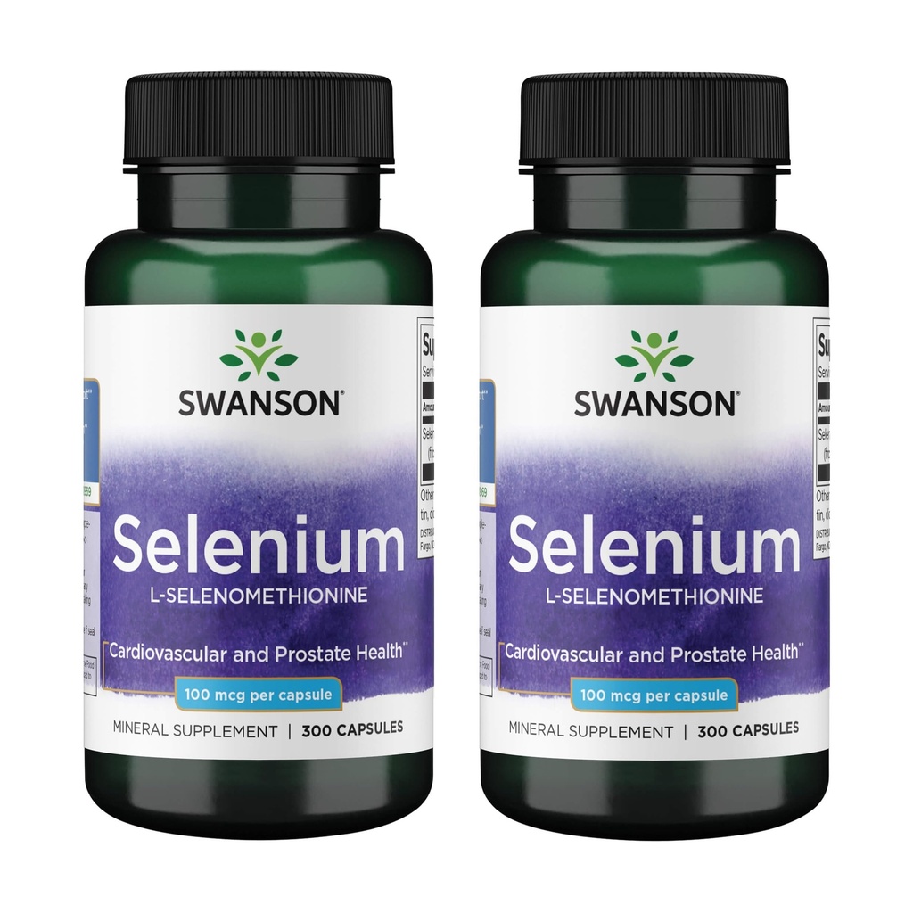 Swanson Sélénium (L-Sélénométhionine) - Supplément à base de plantes Promouvoir la santé cardiaque et la santé de la prostate - Peut soutenir le système immunitaire et la santé thyroïde - (300 capsules, 100 mcg chacune) (2 pack)