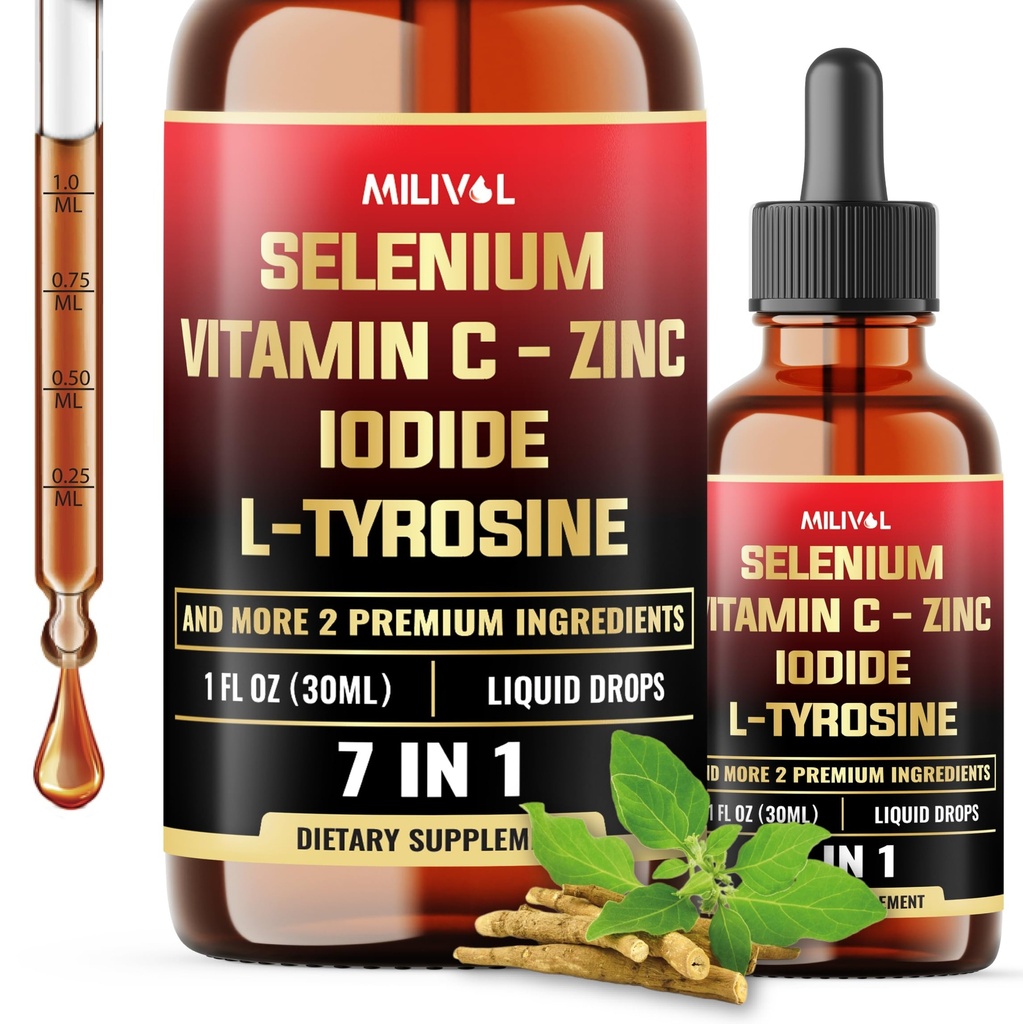 7en1 Sélénium gouttes liquides – 200mcg Sélénométhionine pour les hommes et les femmes – Supplément de support thyroïde pur – Teinture d'absorption élevée – pour Immune & Energy Support - 1FL Oz - 60 Day Support