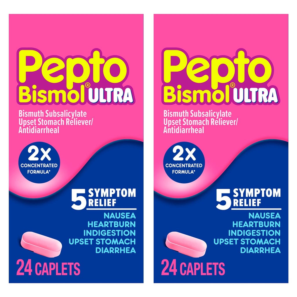 Pepto Bismol ULTRA Caplets, Relief de l'estomac relevé, Relief de la nausée, Relief des brûlures d'estomac, Relief de l'indigestion, Anti-diarrhée Médicaments pour adultes - 5 Relief des symptômes, 48 ct (2x24 ct)