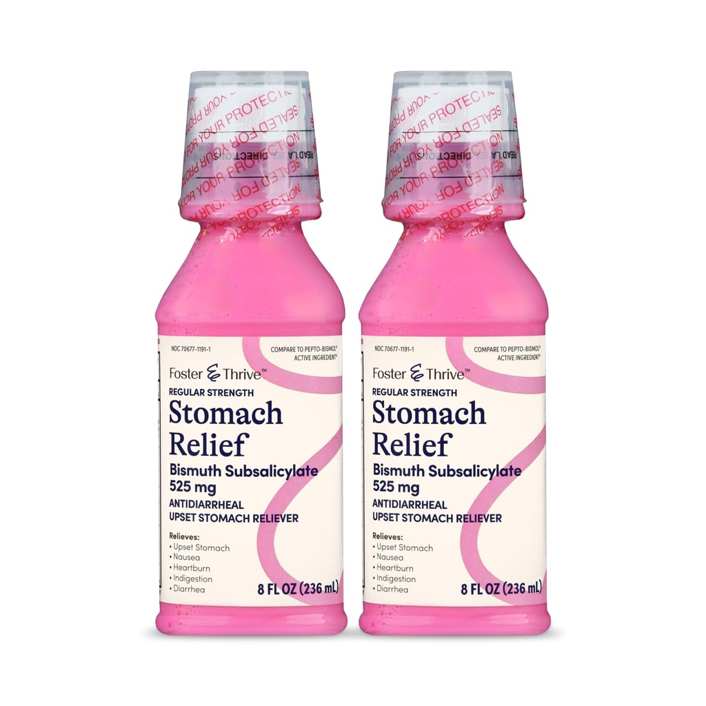 Foster & Thrive Stomach Relief Liquid for Nausea, Heartburn, Indigestion, Upset Stomach, Diarrhée - Fast Relief for 5 Symptômes, Antidiarrhée, Bismuth Subsalicylate 525 mg, Original, 8 oz (Pack de 2)