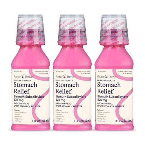 Foster & Thrive Stomach Relief Liquid for Nausea, Heartburn, Indigestion, Upset Stomach, Diarrhée - Fast Relief for 5 Symptômes, Antidiarrhée, Bismuth Subsalicylate 525 mg, Original, 8 oz (Paquet de 3)