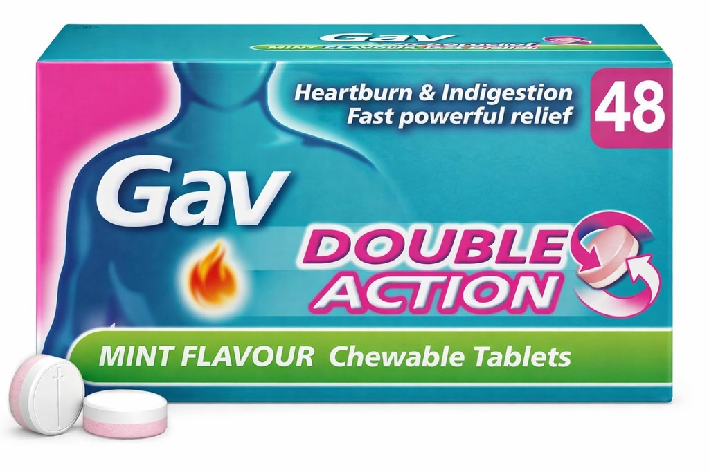 Double Action Chewable Tablets, Mint Flavor – Digestive Comfort & Acid Reflux Support – 48 Tablets