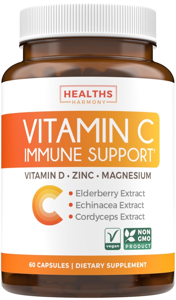 Vitamine C Supplément de soutien immunitaire - Immuni Boost Blend avec la vitamine C et le zinc pour le soutien quotidien et saisonnier - Magnésium Zinc Vit C & D et complexe de défense à base de plantes (1 mois d'approvisionnement)
