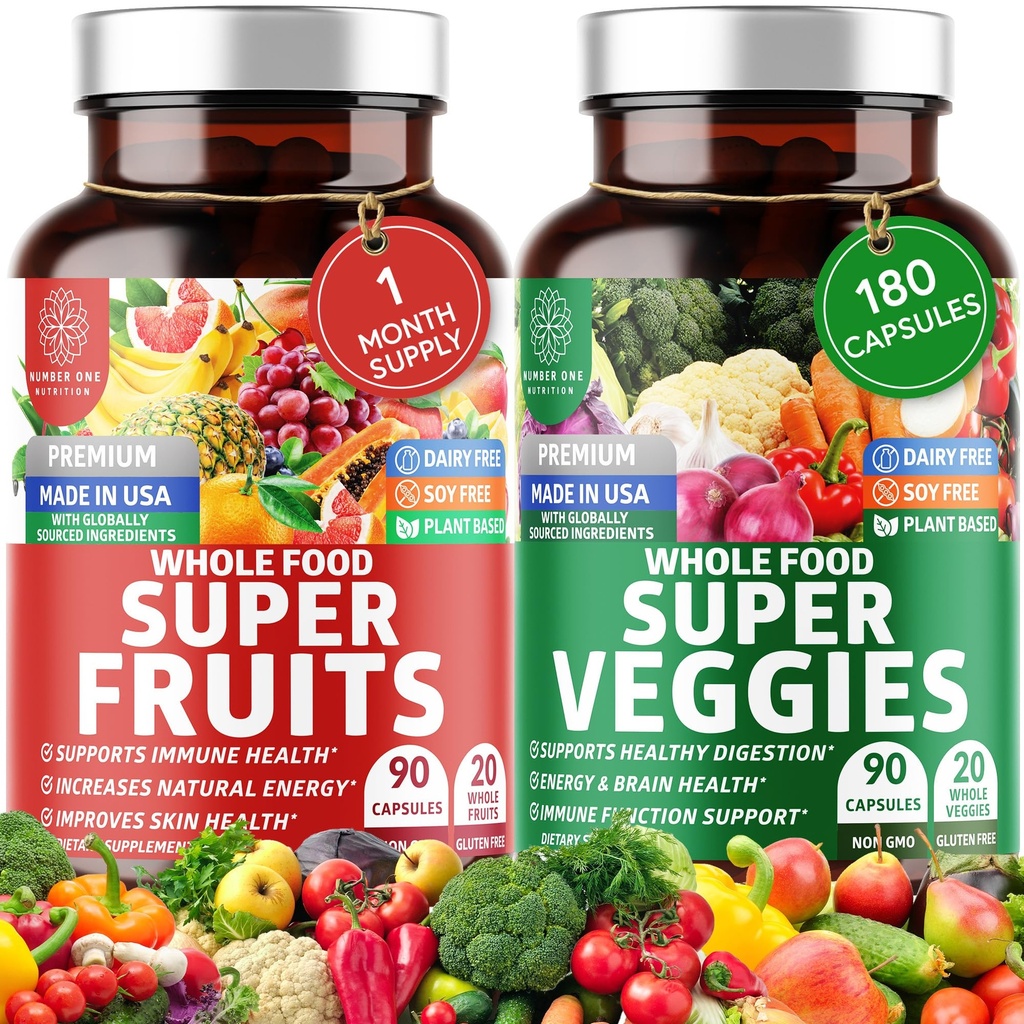 Supplément N1N Premium Super Fruits & Veggies, 180 capsules, aliments entiers et superaliments naturels pour femmes, hommes et enfants - emballés avec Aloe Vera, vitamines et minéraux