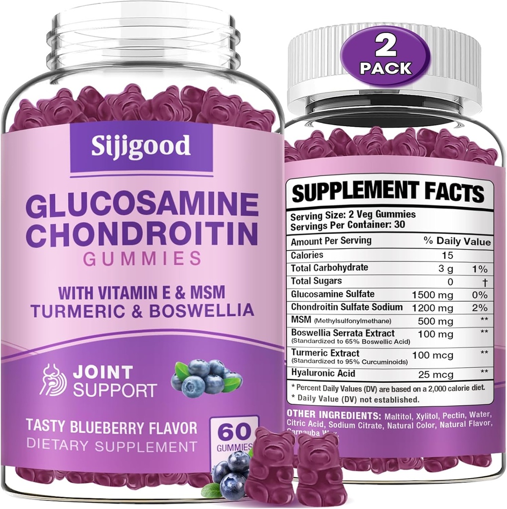 2 Pack Glucosamine Chondroitin Gummies, Extra Strength Glucosamine Chondroitin MSM with Elderberry & Turmeric, Joint Health, Flexibility, Antioxidant, Immune for Adults-Blueberry Flavored, 120 Gummies