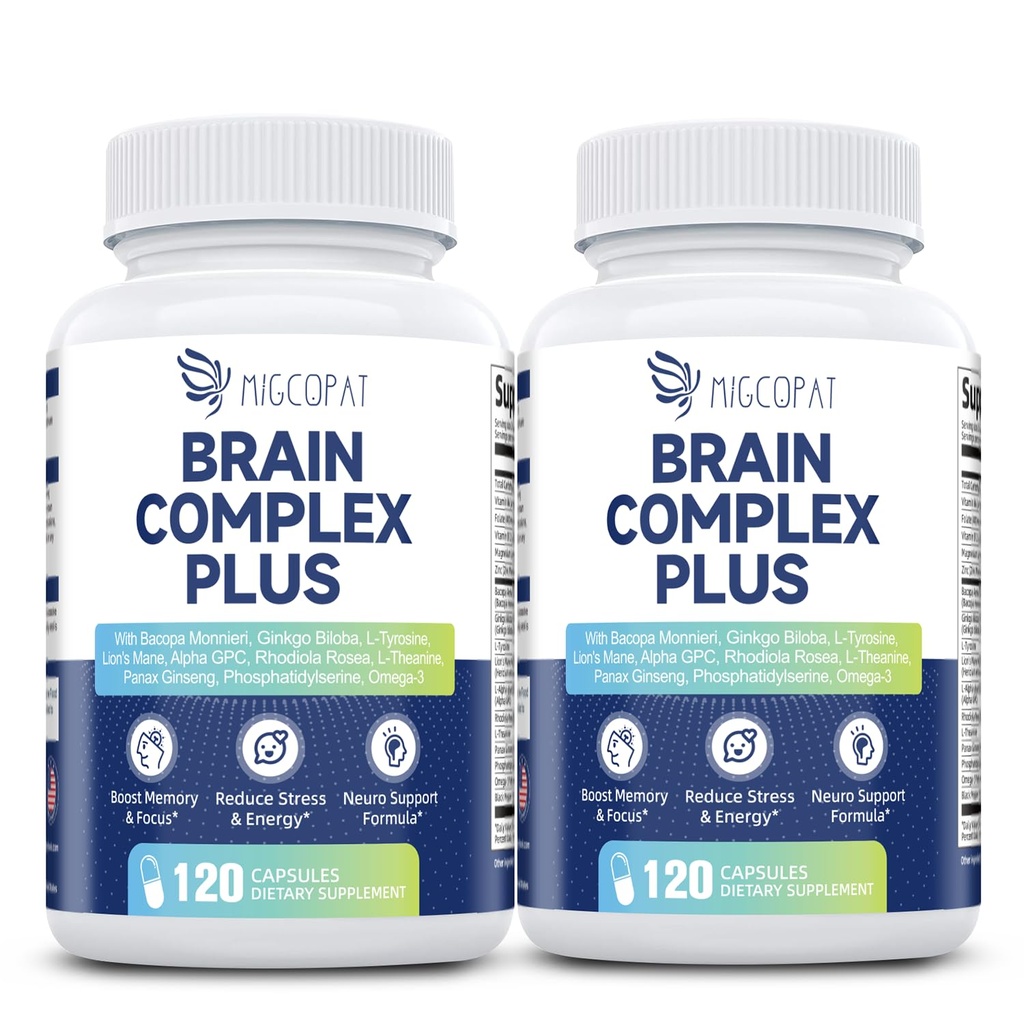 2-Pack Suppléments Cerveau pour la mémoire et la focus.Nootropic avec Bacopa, Lion's Mane, Alpha GPC.