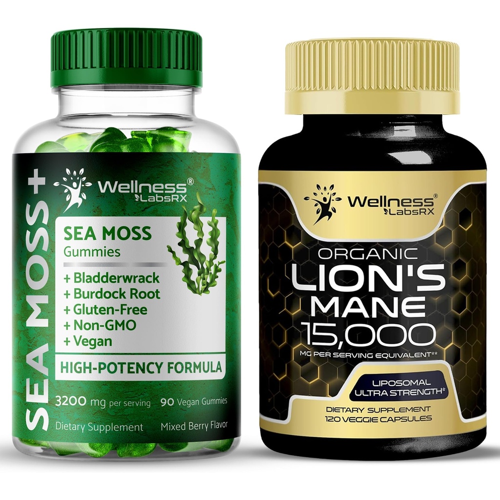 WELLNESS LABSRX Lions Mane Supplement Capsules - Sea Moss Gummies 3200mg | Bundle