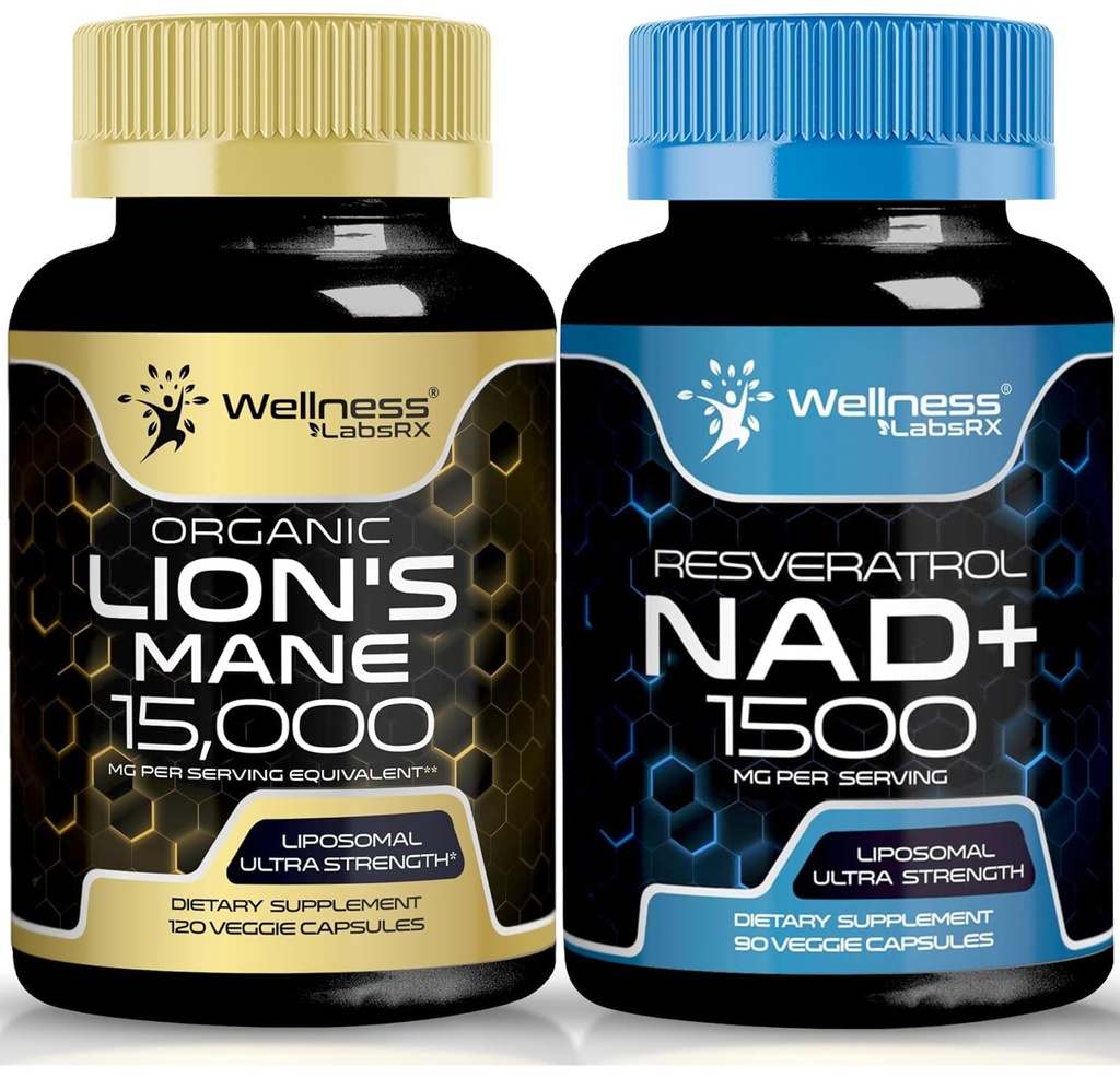WELLNESS LABSRX Lions Mane Supplément Capsules - 120 Comte - Supplément Champignon, Supplément Cerveau pour Mémoire et Focus │ Supplément NAD, 1500mg - Liposomique NAD+ Supplément avec Resveratrol