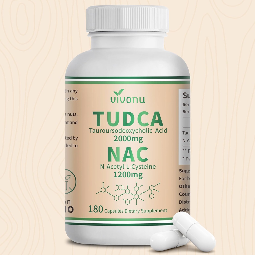 VivoNu TUDCA 2000mg + NAC 1200mg Capsules complexes de supplément, TUDCA Sel Bile + N Acétyl Cysteine, Suppléments antioxydants pour le nettoyage du foie et du poumon et de la membrane et de la vésicule(180 Capsules)