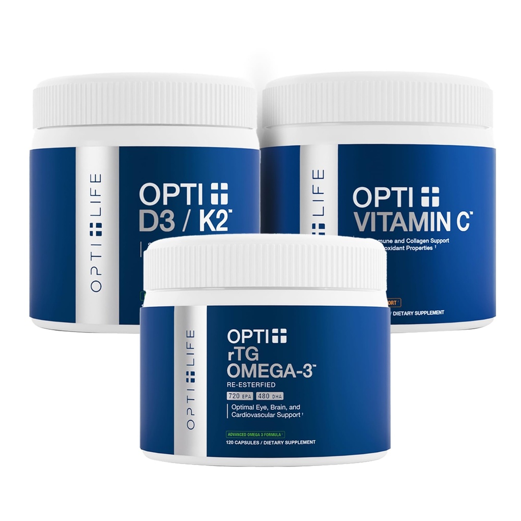Opti+ Ensemble santé os et articulations - Kit de supplément de vitamine D3 K2, rTG Omega-3 et vitamine C soutient la densité osseuse, le bien-être articulaire et la production de collagène*