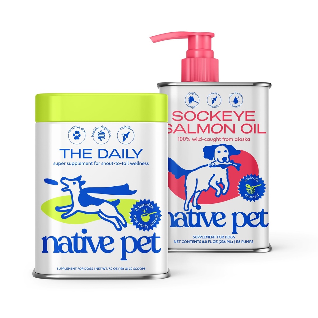 Native Pet The Daily Dog Supplement (30 Scoops) & Salmon Oil for Dogs & Cats (8 Oz) - 11 en 1 Multivitamine & Pure Omega-3 Supplément d'huile de poisson pour la peau et la peau, les articulations, la santé cardiaque et anti-inflammatoire