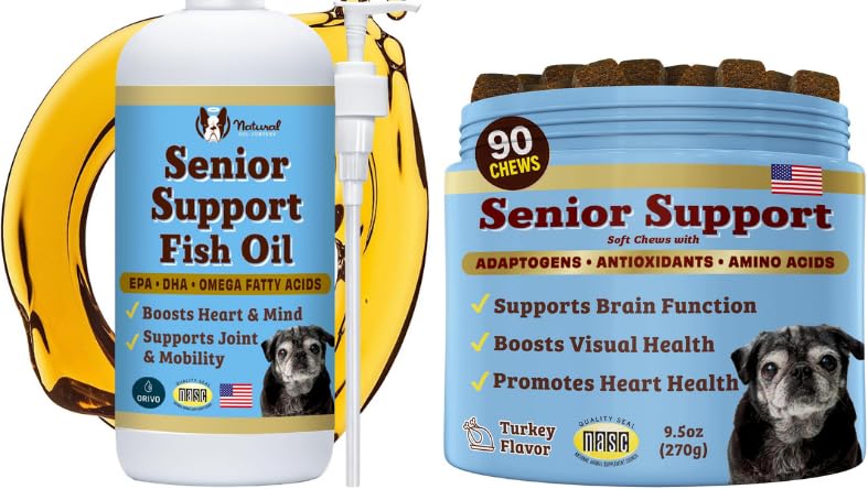 Natural Dog Company Senior Dog Bundle – Omega 3 Huile de poisson Liquide 16oz & Bien-être des aînés Chews 90ct – Soutenir la mobilité, le cerveau, le coeur et la santé des yeux avec Turmeric, Salmon, Lion, Mane & Omega-3s
