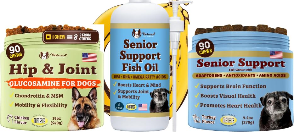 Natural Dog Company Ensemble de chiens seniors – Omega 3 Huile de poisson 16oz + Bien-être des aînés Chews 90ct + Hip & Joint Chews 90ct – Soutien des articulations, cerveau, coeur, yeux, peau et mobilité avec Omega-3s, Lion