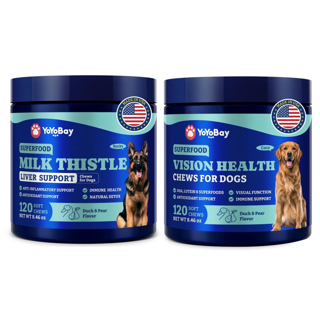 Ensemble de bien-être pour les yeux et le foie des chiens – Soutien de la vision Chews with Antioxidants and Omega-3s Plus Lait Thistle Detox Chews with NAC and Curcumin – Natural Daily Health Support for Dogs of All Breeds