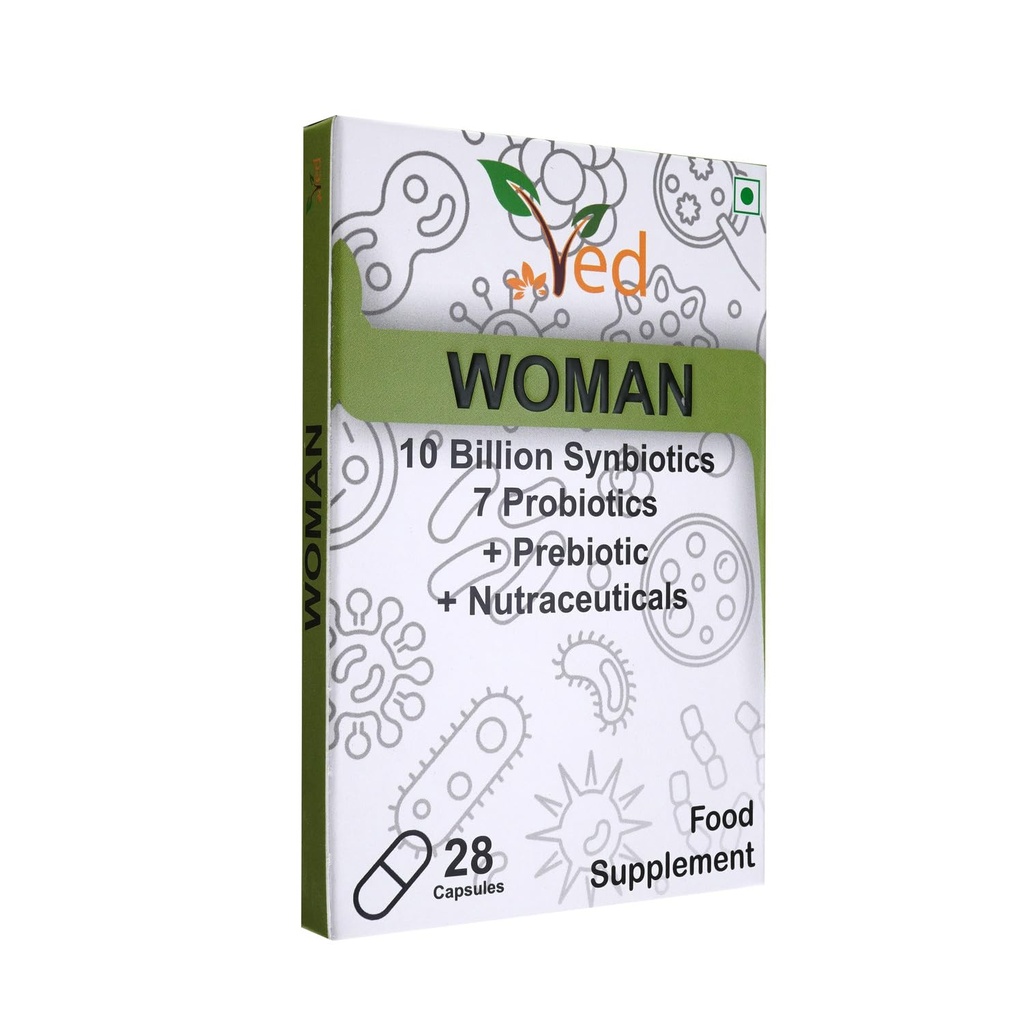 Probiotiques et prébiotiques Ved Woman - 10 milliards CFU - 20 cultures bactériennes vivantes - 28 capsules probiotiques pour la femme - Lactobacillus crispatus, Silicon Dioxide.