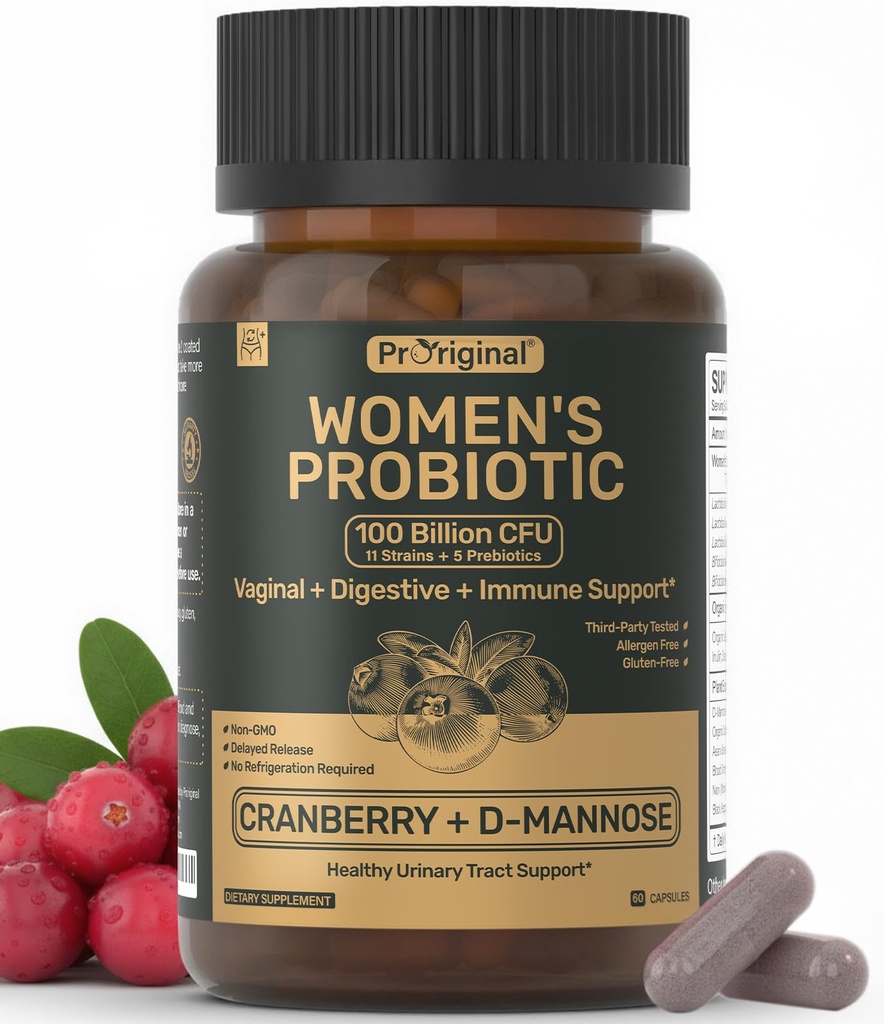 Probiotiques pour les femmes - 100 milliards UFC, 11 souches avec des prébiotiques organiques, extrait de canneberge, D-mannose - femmes Probiotique pour la santé digestive, vaginale, urinaire et pH Balance - non-OGM, 60 capsules