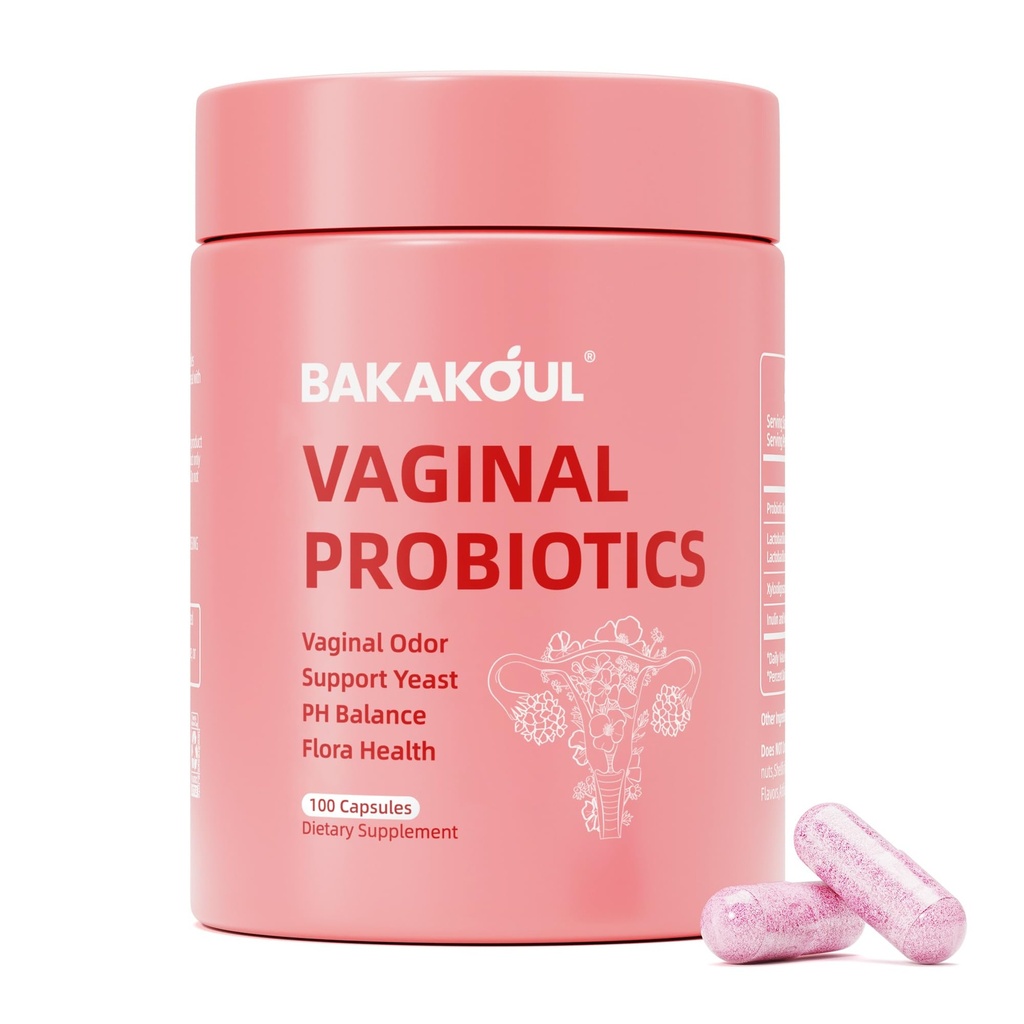 BAKAKOUL Vaginal Probiotique avec Prébiotiques et Lactobacillus Probiotique Mélange pH Balance pour les femmes, Supplément de santé vaginale, Réduit Vaginal Odor et Flore vaginale,100 Compte (paquet de 1)