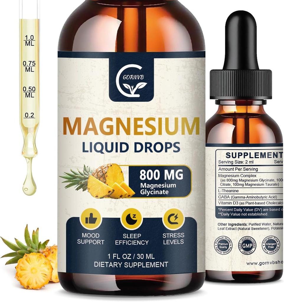 (2 packs) Glycinat de magnésium gouttes liquides de 1000mg Complexe de magnésium liquide avec D3, L-Thea et GABA pour l'énergie, le sommeil, la nervosité et la santé cardiaque, haute absorption, goût d'ananas