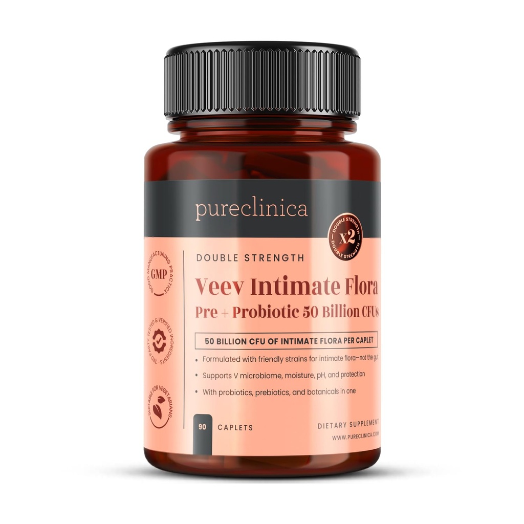 purclinica Veev Intimate Flora - Vaginal & Gut Microbiome Support – 50 milliards CFU – Probiotiques, prébiotiques, canneberge, D-mannose, acide hyaluronique – 90 Caplets – 3 mois d'approvisionnement