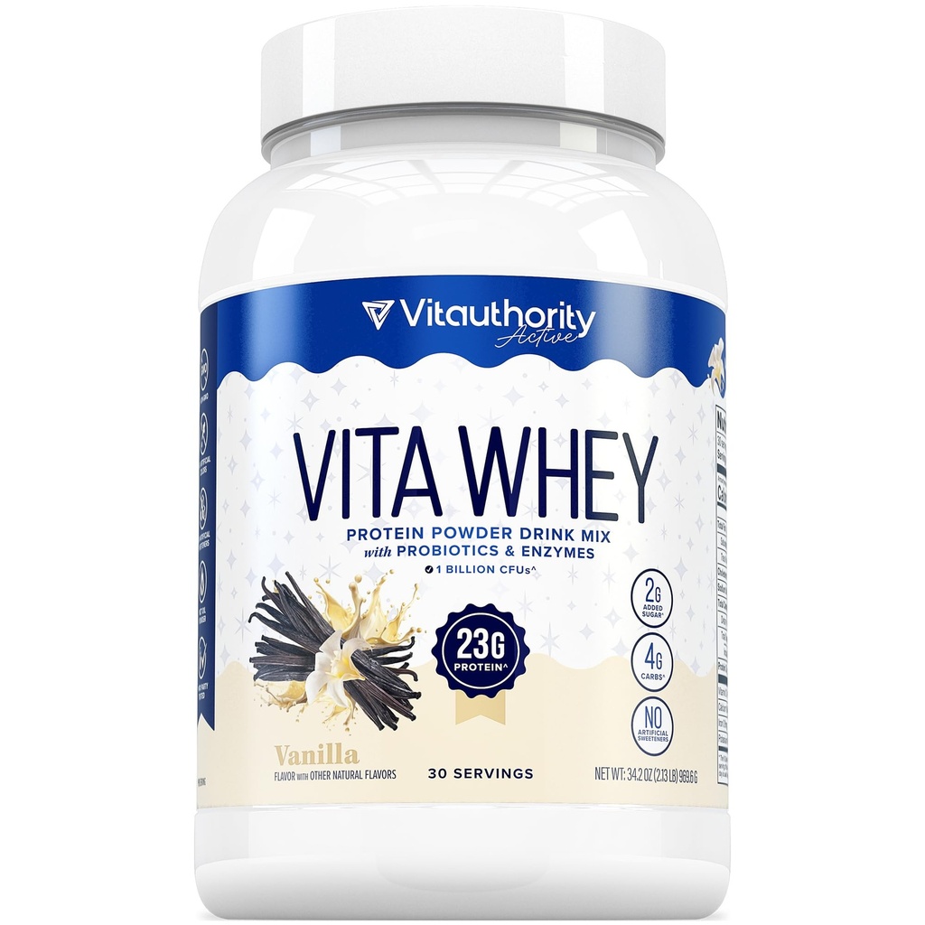 Vitauthority Whey Protéines Poudre pour femmes Whey Isolales Probiotiques et enzymes soutient la digestion, l'absorption des nutriments et l'énergie après l'entraînement et la nutrition quotidienne Vanille Aromatisée 30 portions