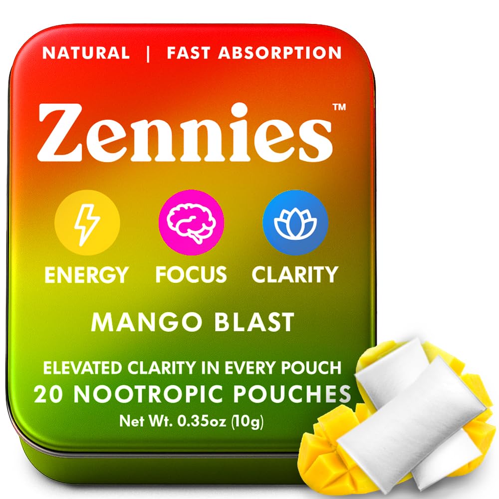 Zennies Caféine Pochettes Nootropiques avec Alpha GPC, L-Tyrosine & L-Theanine, Lion's Mane, Cordyceps, Reishi - Sans nicotine, sans sucre ou édulcorants artificiels Pochettes Nootropic Energy, Mango Blast 1 PK