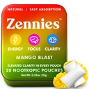 Zennies Caféine Pochettes Nootropiques avec Alpha GPC, L-Tyrosine & L-Theanine, Lion's Mane, Cordyceps, Reishi - Sans nicotine, sans sucre ou édulcorants artificiels Pochettes Nootropic Energy, Mango Blast 1 PK