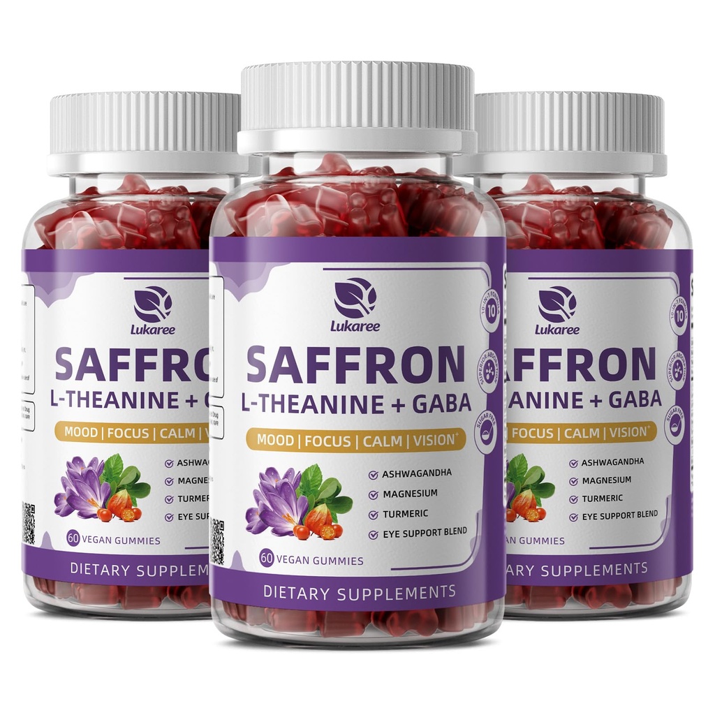 10-en-1 Safran Gummies Suppléments avec L-Theanine 200mg, GABA, Ashwagandha, Turmeric, Lutein, Zeaxanthin & Astaxanthin pour l'humeur, Focus & Eye Support Sugar Free, Vegan, Berry Flavor, 3 Pack