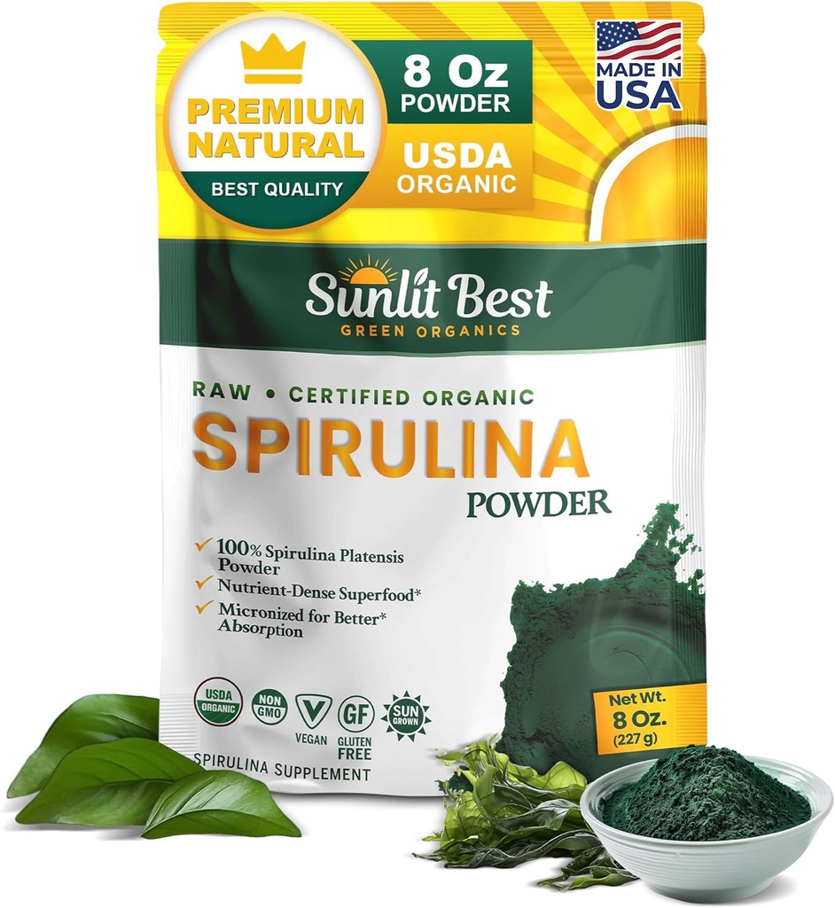 Sunlit Best Spiruline poudre biologique USDA - Chlorophylle, Absorption rapide, Blue-Green Spiruline Algae, Protéine végétale brute - Non-OGM, Sans gluten Superfood Energy, Gut, Supplément de soutien immunitaire - 8 Oz