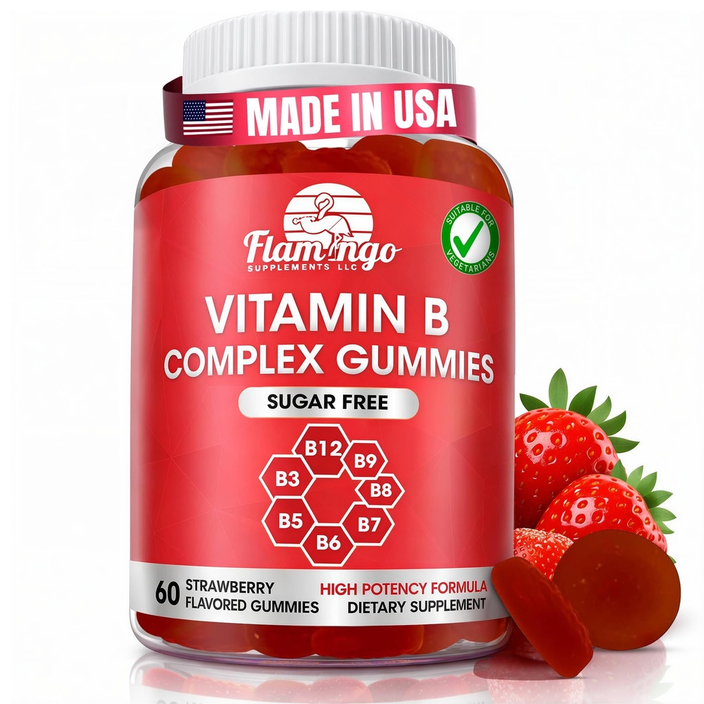 Gommies complexes de vitamine B sans sucre - Vitamine B12, B7, B6, B3 (Niacine), B5, B8, B9 (Flate)- Troisième partie testée- Prénatale, régime végétalien, Adultes âgés - B Supplément complexe de vitamine - 60 bouteilles de gommy