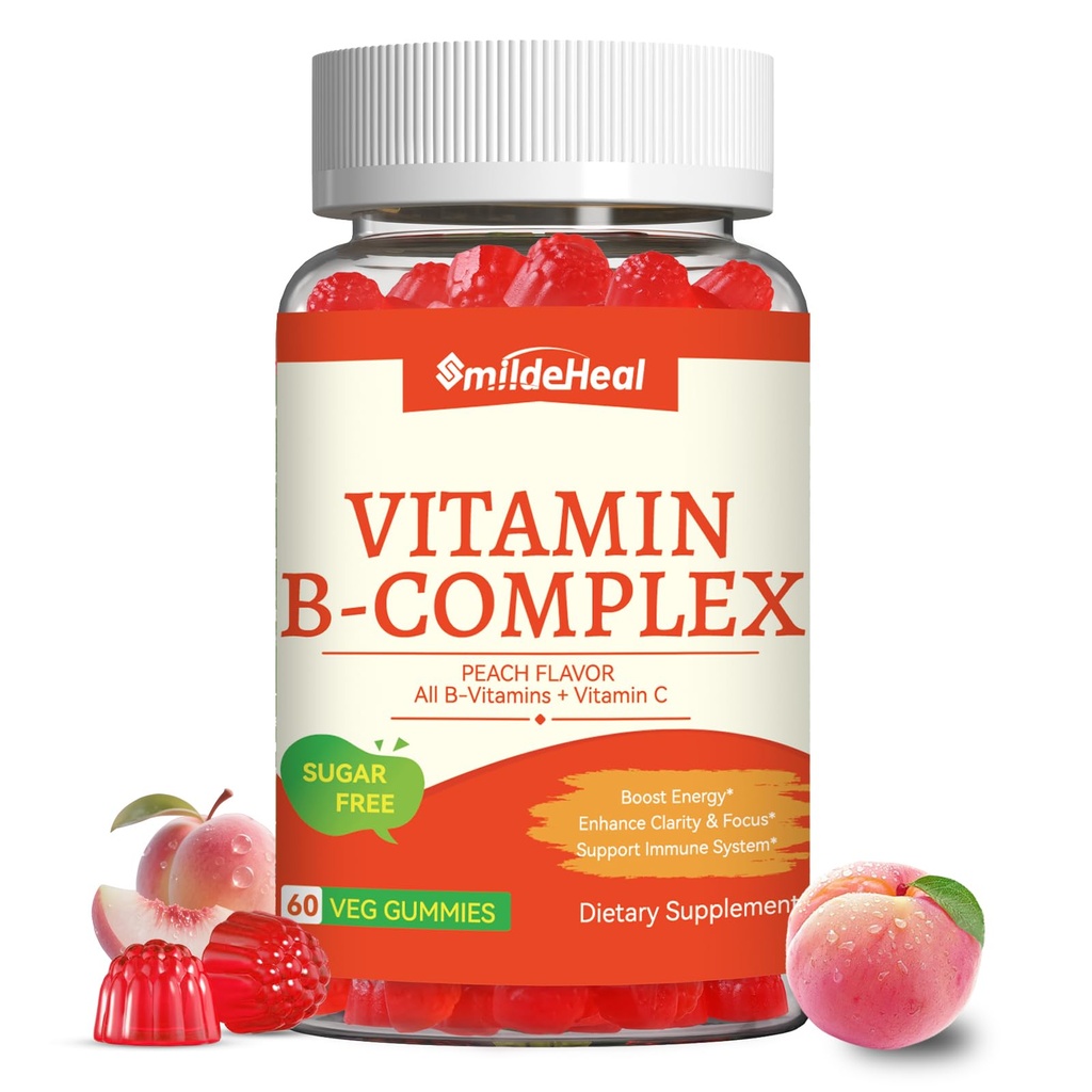 Gommies complexes de vitamine B pour les femmes et les hommes - Vitamine B12, B1, B2, B3, B5, B6, B7 et B9 - B Complexe avec vitamine C et choline - Soutien énergétique et immunitaire* - Vegan, sans sucre, parfum de pêche - 60 Gommies