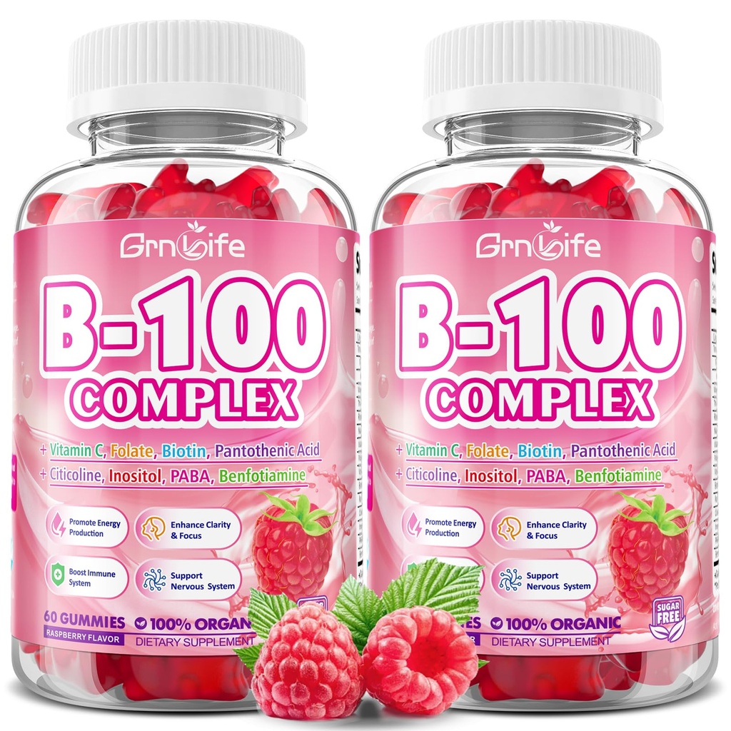 Gommies complexes de 2 paquets de vitamine B, toutes les vitamines B + méthyl B12, B1, B2, B3, B5, B6, Biotine, méthylfolate, vitamine C, Choline, Inositol, PABA pour le soutien énergétique et immunitaire, framboise, 120 Compte