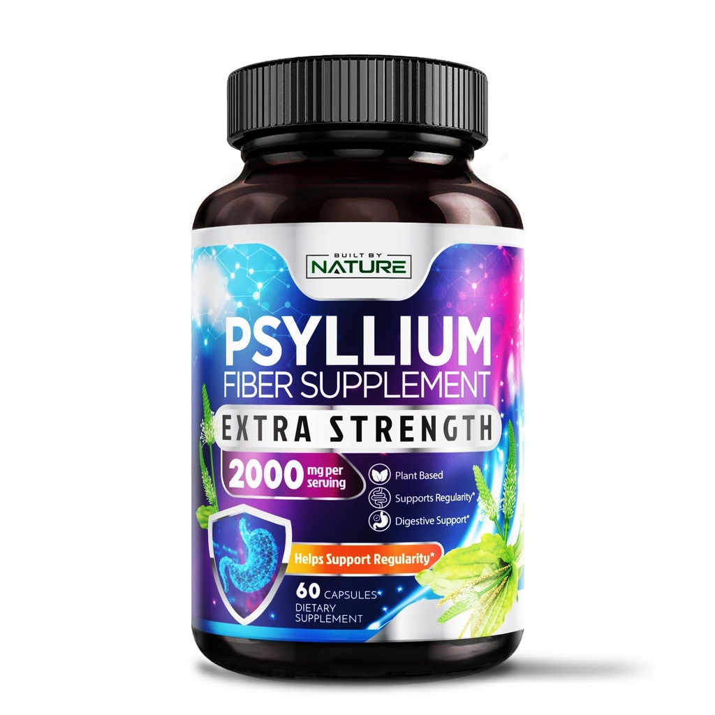 Psyllium Husk Capsules 2000mg - Supplément de fibre - Pilules naturelles de fibre soluble avec Poudre de Psyllium Husk - Soutient la santé des Guts et des Colons - Non-OGM, Sans gluten, Vegan - 60 Capsules