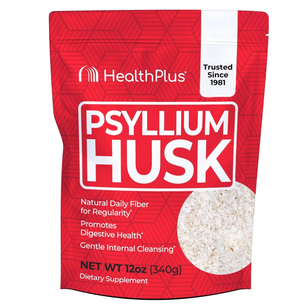 Health Plus, Psyllium Husk, 12 oz, 48 portions - Détox naturel, supplément de fibre alimentaire quotidienne, soulagement de la constipation, nettoyage doux de la gueule, cuisson kéto