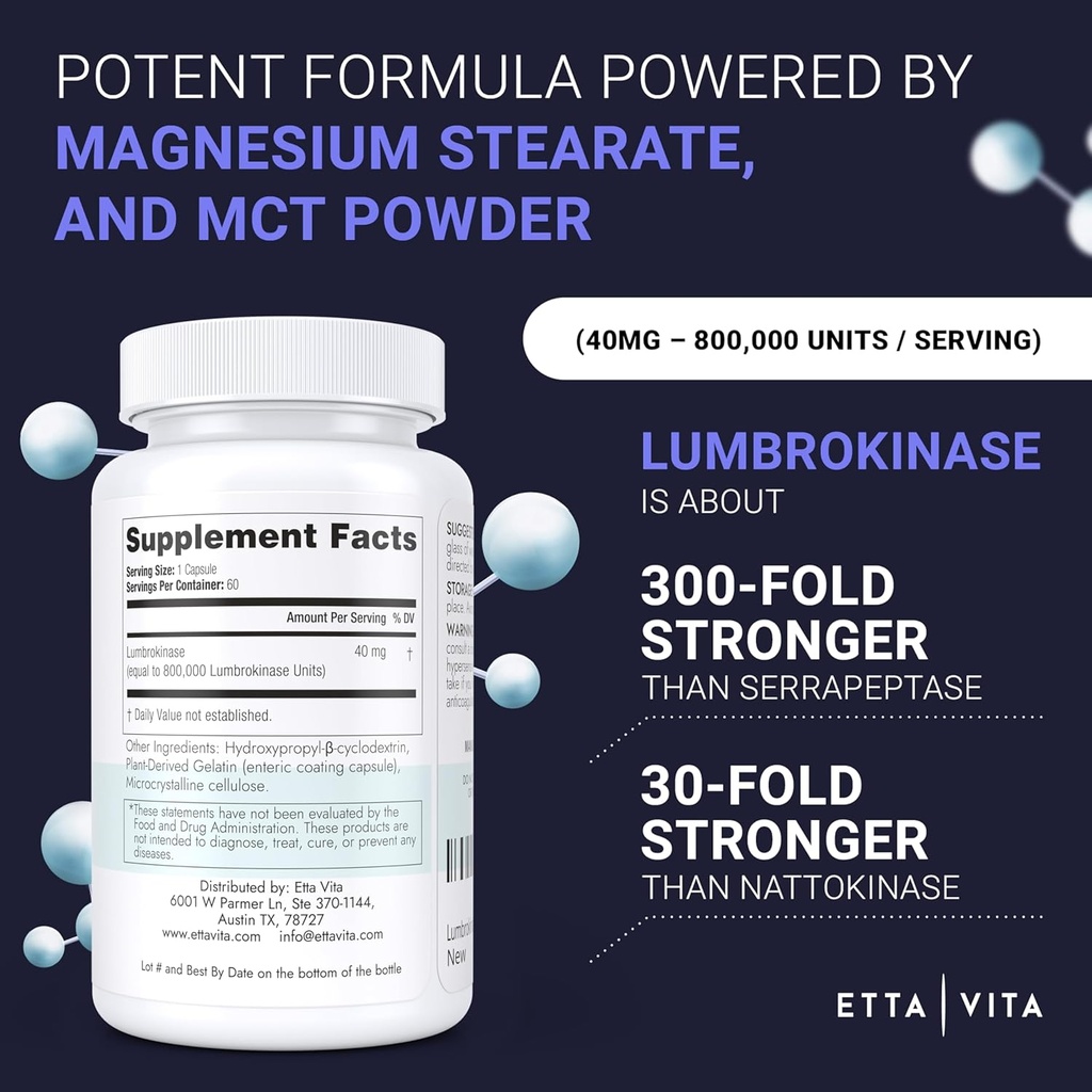 Potent Lumbrokinase Supplement (120 Servings) 40mg/Serving (Max Activity - 800,000 Units) - Lumbrokinase Enzymes Capsules for Energy Support, Digestion, Cognition & Gut Health - Similar to Nattokinase